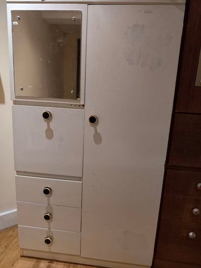 White Painted Vintage Wooden Wardrobe with Mirror, Drawers & Hanging Space