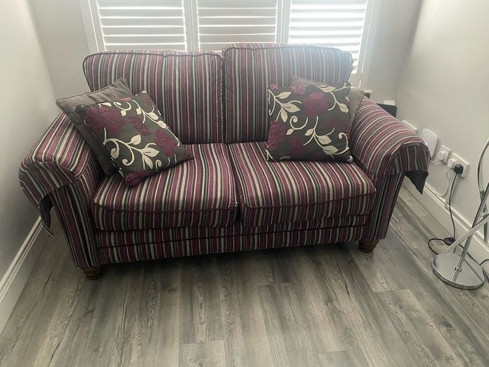Quality Grey stripped Sofa with matching arm covers and cushions