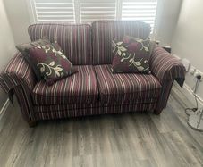 Quality Grey stripped Sofa with matching arm covers and cushions