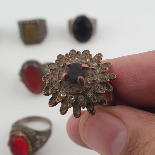 15 Antique Style Brass Rings Mixed Stone & Colourful Glass Accents