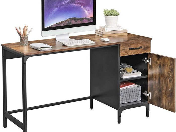 Desk, Table, with Drawer and Storage Cupboard, for Office, Living Room, Bedroom, Simple Assembly, Metal, Industrial Style, Rustic Brown