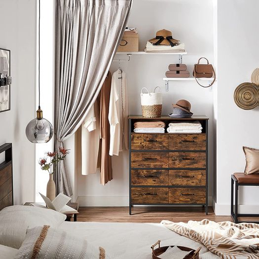 _Chest of Drawers, Sideboard, Cabinet with 8 Drawers, Open Compartment, Non-Woven Fabric Drawers with MDF Front, Steel Frame, Vintage Brown/Black