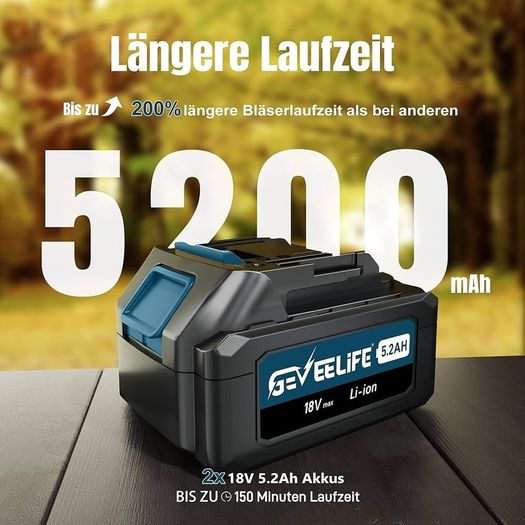 Cordless Electric Leaf Blower 18V 257km/h with 3 Speeds and 2 x 5.2Ah Batteries, Cordless Leaf Blower for Garden, Leaves, Dust and Snow Blue Battery