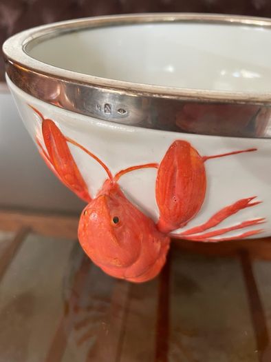 Antique WMF Lobster and Seaweed Silver Plated Trim Porcelain Round Serving Bowl 1920s