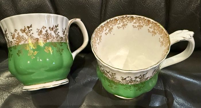Vintage Royal Albert Regal Series bone china teacups in green with gold floral filigree