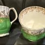 Vintage Royal Albert Regal Series bone china teacups in green with gold floral filigree Image 6