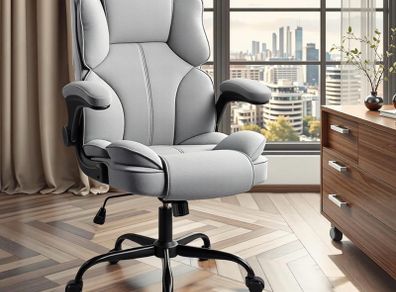 Office Chair with Flip-Up Arms for Home Office,Grey Thick Padded Seat, Supportive Backrest, Ergonomic Design, Rocking, 10cm Height Adjustment, 150kg Capacity