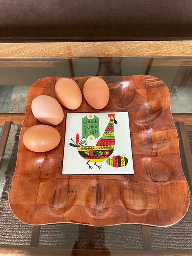 Vintage 1970s Chicken Tile on Bamboo Deviled Eggs Platter or storage