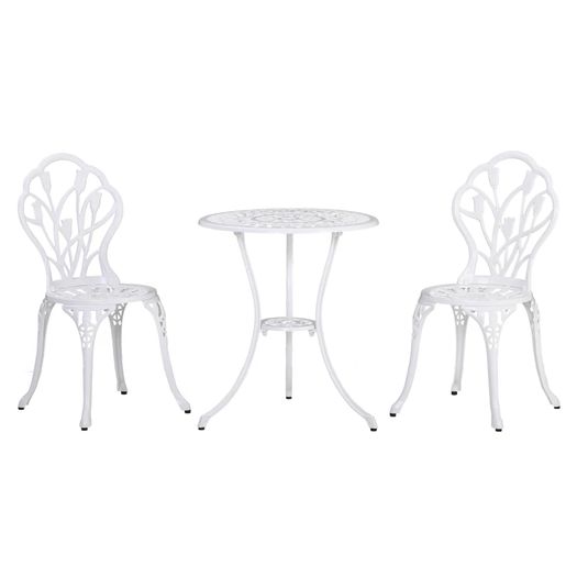 3 Piece Patio Bistro Set for 2, Outdoor Aluminium Garden Table and Chairs with Umbrella Hole for Balcony, White