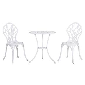 3 Piece Patio Bistro Set for 2, Outdoor Aluminium Garden Table and Chairs with Umbrella Hole for Balcony, White