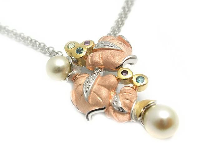 WOW. 14K White Gold Over Silver Pearl & Gemstone Leaf Necklace Charm Pendant.
