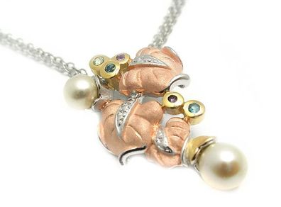 WOW. 14K White Gold Over Silver Pearl & Gemstone Leaf Necklace Charm Pendant.