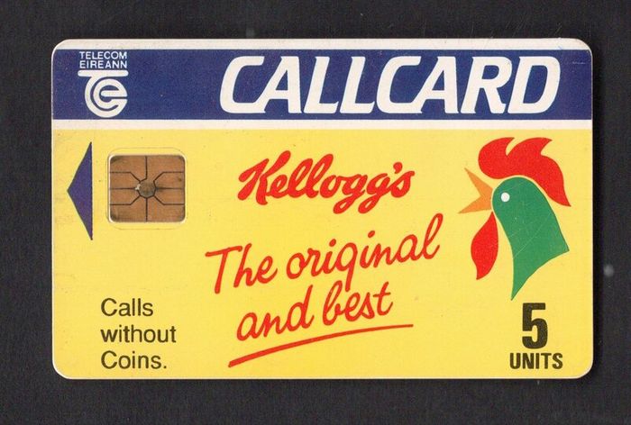 1991 Ireland 5 unit Kellogg's cereals the very first advertising Callcard Telecom Eireann (Gemplus GEM1) Call Card Used. Telecom Eireann card number 1036