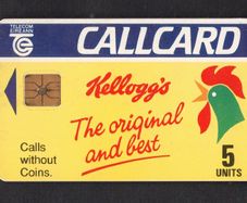 1991 Ireland 5 unit Kellogg's cereals the very first advertising Callcard Telecom Eireann (Gemplus GEM1) Call Card Used. Telecom Eireann card number 1036