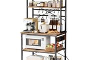 Kitchen Bakers Rack, 1.5m Power Cable Bakers Rack with Power Outlet, Kitchen Stand with X-Shaped Support Bar, 12 S-Shaped Hooks, Coffee Bar Stand for Dishes, Spice Bottles, Built-In Power Strip
