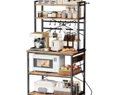 Kitchen Bakers Rack, 1.5m Power Cable Bakers Rack with Power Outlet, Kitchen Stand with X-Shaped Support Bar, 12 S-Shaped Hooks, Coffee Bar Stand for Dishes, Spice Bottles, Built-In Power Strip