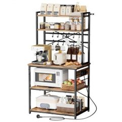 Kitchen Bakers Rack, 1.5m Power Cable Bakers Rack with Power Outlet, Kitchen Stand with X-Shaped Support Bar, 12 S-Shaped Hooks, Coffee Bar Stand for Dishes, Spice Bottles, Built-In Power Strip