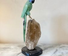Premium Hand-Carved Gemstone Parrot Macaw on Raw Smoky Quartz Crystal