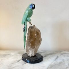 Premium Hand-Carved Gemstone Parrot Macaw on Raw Smoky Quartz Crystal
