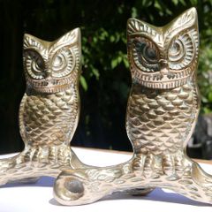 Vintage Pair Brass, Long Eared Owls Sitting On A Branch