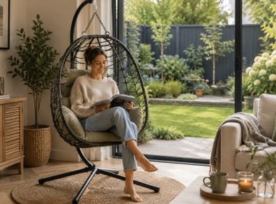 Hanging Egg Chair with Stand  Foldable Poly Rattan Swing Chair with Cushions
