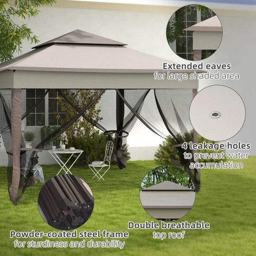 3.25 x 3.25m Deluxe Metal Gazebo, with Curtains - Brown and Grey