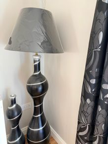 Black & Silver Curtains, Floor Lamp & Decorative Vase