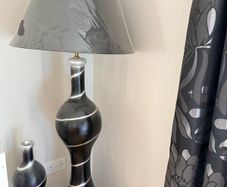 Black & Silver Curtains, Floor Lamp & Decorative Vase