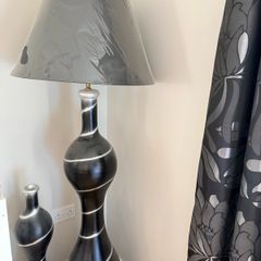 Black & Silver Curtains, Floor Lamp & Decorative Vase