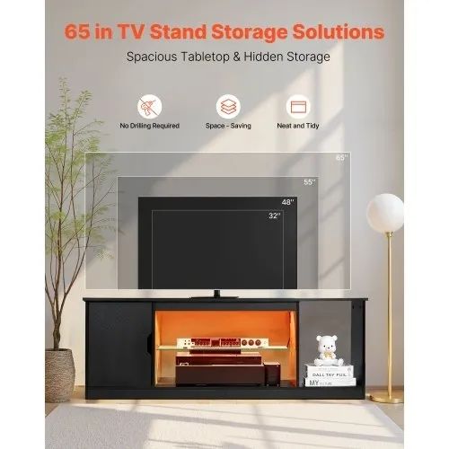 TV Stand for TVs up to 1651 mm, Modern Entertainment Center with Light Strip, Wooden TV Cabinet Storage with Glass Shelf and Adjustable Shelves, Console Table for Living Room and Bedroom, Black