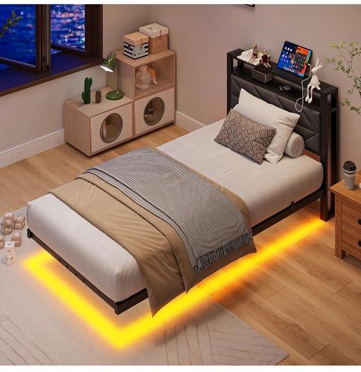 Metal Bed Frame with LED Lights and Charging Station, Heavy Duty Metal Slat Support, Noise Free, No Box Spring Needed