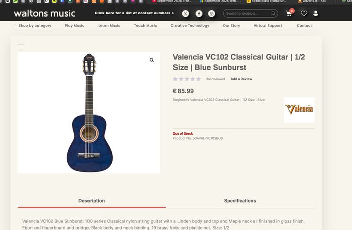Valencia VC102 Classical Guitar  1/2 Size Blue Sunburst