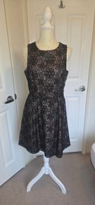 Spotlight by Warehouse Black Floral Mesh Skater Dress UK 14 Open Back