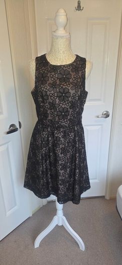 Spotlight by Warehouse Black Floral Mesh Skater Dress UK 14 Open Back