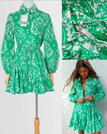 ZARA Green Paisley Floral Print Mini Shirt Dress XS