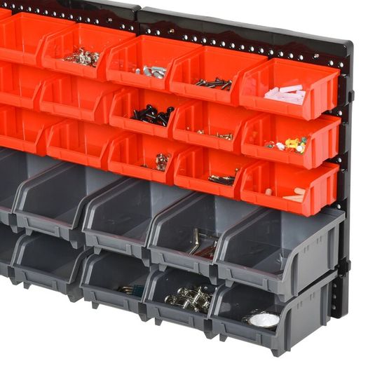 Wall Mounted Storage Bin Rack Tool Organizer with 30 Bins, Pegboard for Garage Workshops Red