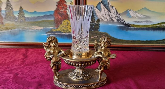 Antique Cherub Gold Effect Ornamental Pedestal Metal Candle Holder Pedestal Stand Made In Spain