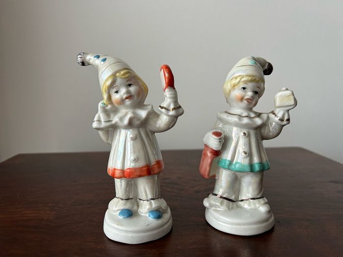 Vintage Porcelain Clown Figurines Harlequin Boy and Girl Hand Painted Ceramic Mid-Century