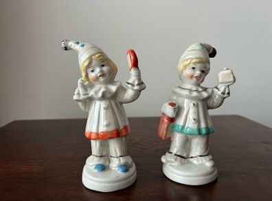 Vintage Porcelain Clown Figurines Harlequin Boy and Girl Hand Painted Ceramic Mid-Century