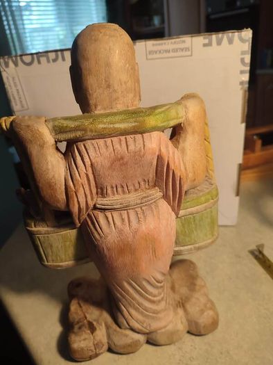 Chinese Polychrome Wood Carving of Boy Carrying Turtles