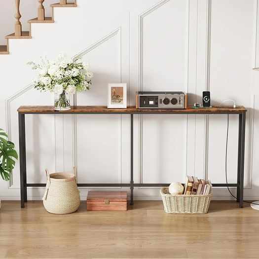 Narrow Console Sofa Table with Power Outlets, Total 180cm Long Behind Couch Table with Charge Station, 20cm D x 180cm W x 78cm H, Rustic Brown