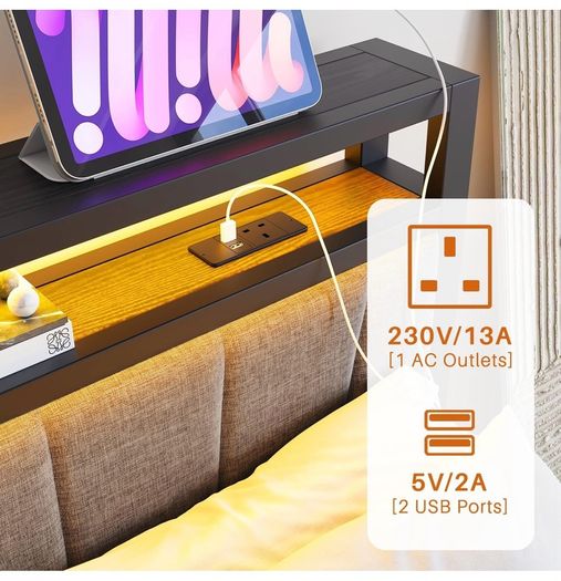 Double Bed Frame with Storage and LED Lights,4ft6 Metal Platform Bed Frame Double Size Bed Base with Charging Station,Mattress Base,Strong Slats Support,Under-bed Storage,Noise Free,Grey