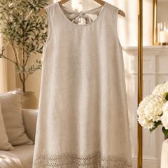 dress Bnwot 100% linen dress size 12 oatmeal with tie neck detail & lace base summer dress