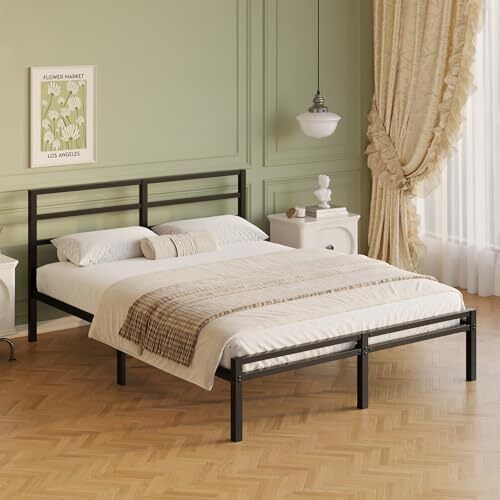 Double Bed Frame with Headboard and Footboard, 30 cm High, Heavy Duty 4ft6 Metal Bed Frame Double with Steel Slats, Storage Space Underbed, Noise Free, Easy Assembly, Black