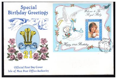 1982 Isle of Man 21st Birthday of the Princess of Wales and Birth of Prince William Miniature Sheet Stamp First Day Cover (FDC)