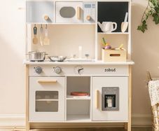 Kids Play Kitchen, Wooden Toy Kitchen with Planting Box & Toaster and Cutting Play Foods, Toddlers Pretend Planting Kitchen Playset with Ice Maker and Pizza, Gifts Toys for Girls Boys Ages 3+