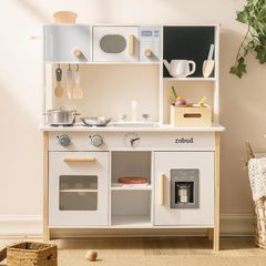 Kids Play Kitchen, Wooden Toy Kitchen with Planting Box & Toaster and Cutting Play Foods, Toddlers Pretend Planting Kitchen Playset with Ice Maker and Pizza, Gifts Toys for Girls Boys Ages 3+