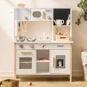 Kids Play Kitchen, Wooden Toy Kitchen with Planting Box & Toaster and Cutting Play Foods, Toddlers Pretend Planting Kitchen Playset with Ice Maker and Pizza, Gifts Toys for Girls Boys Ages 3+
