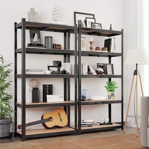 LARGE storage racks, heavy-duty racks, set of 2, cellar shelves, 200 x 100 x 50 cm, up to 875 kg loadable, 5 adjustable shelves, metal shelves, plug-in shelves, workshop shelves, black
