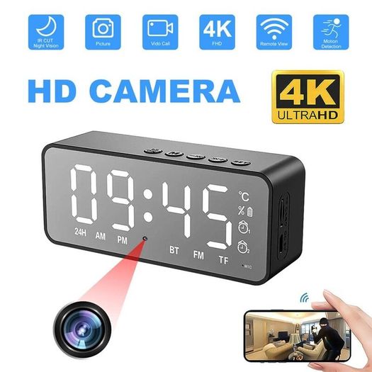 Small Camera WiFi Hidden Spy Camera Alarm Clock with Bluetooth Clock 1080P/4K Full HD Nanny Cam with Night Vision and Motion Detection Alarm, Security Recording with Phone App for Outdoor/Home